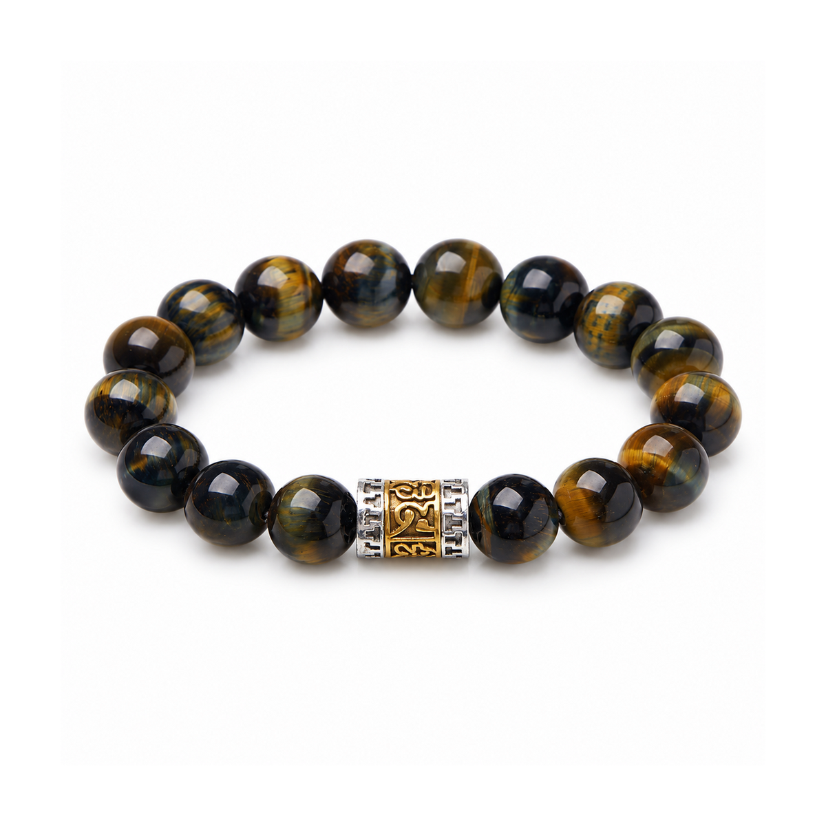 12mm yellow-blue tiger eye mantra bracelet on a white background