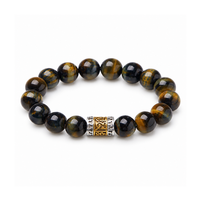12mm yellow-blue tiger eye mantra bracelet on a white background
