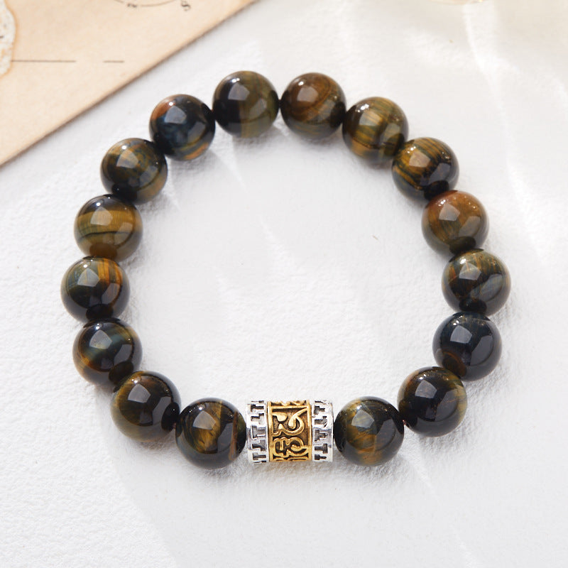 Full yellow-blue tiger eye bracelet with a two-tone mantra barrel