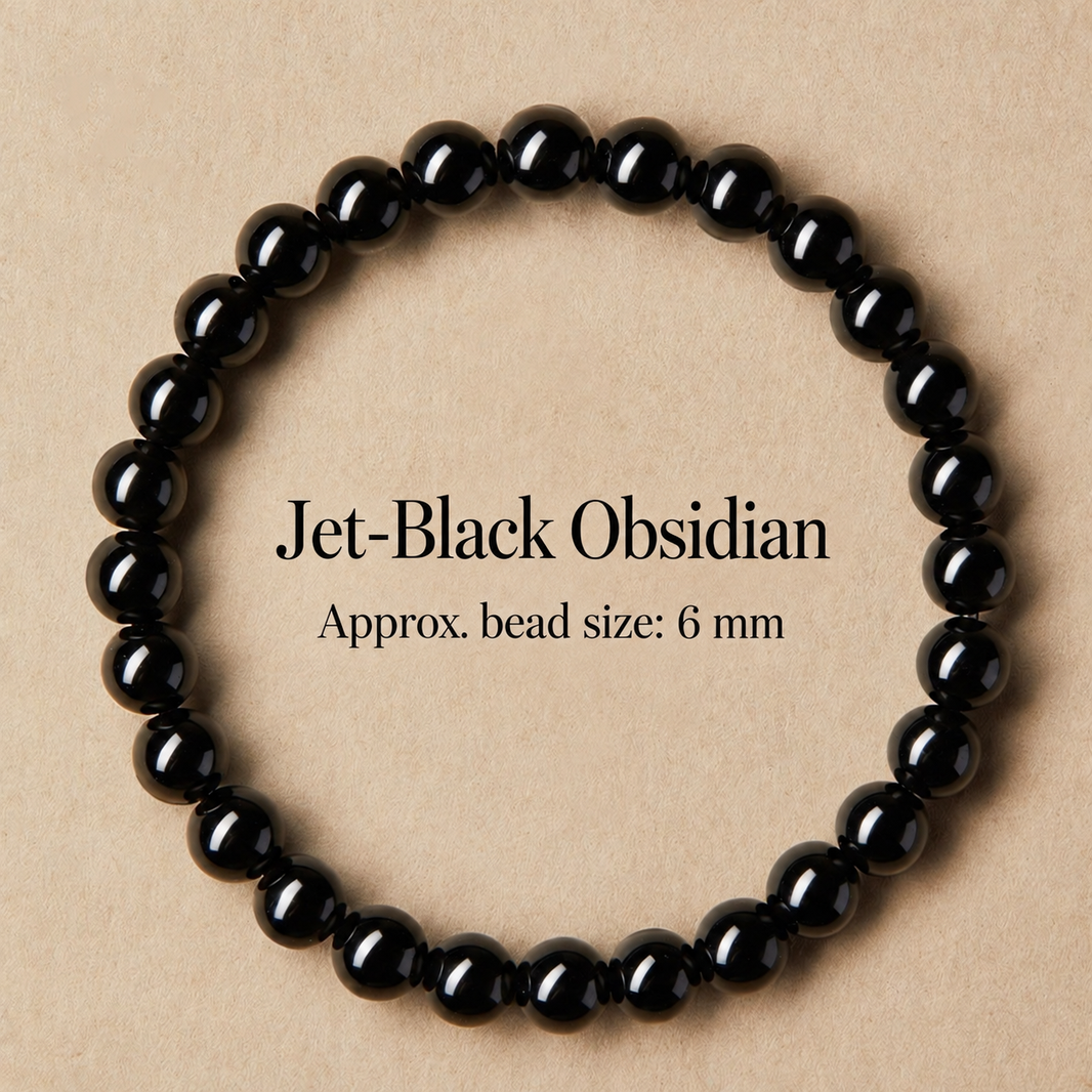 Jet-black obsidian bracelet with approximately 6 mm beads