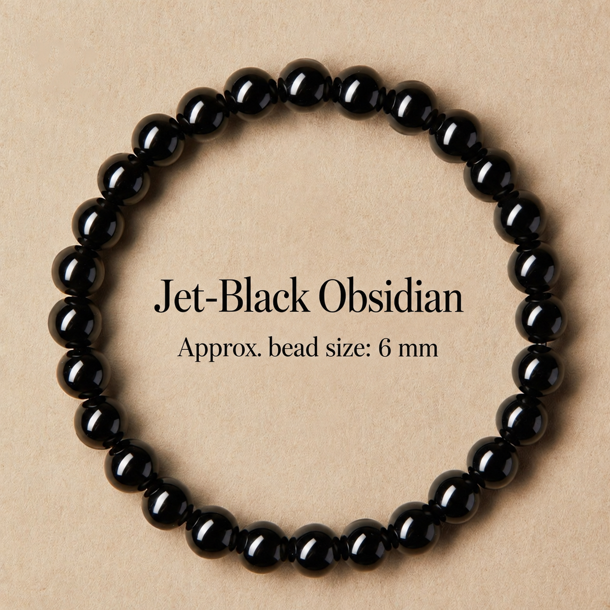 Jet-black obsidian bracelet with approximately 6 mm beads