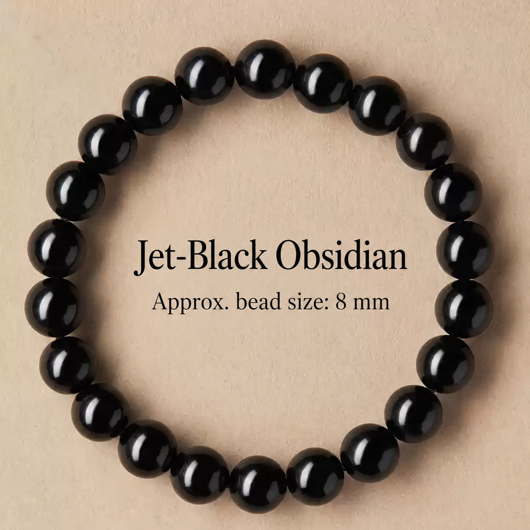Jet-black obsidian bracelet with approximately 8 mm beads