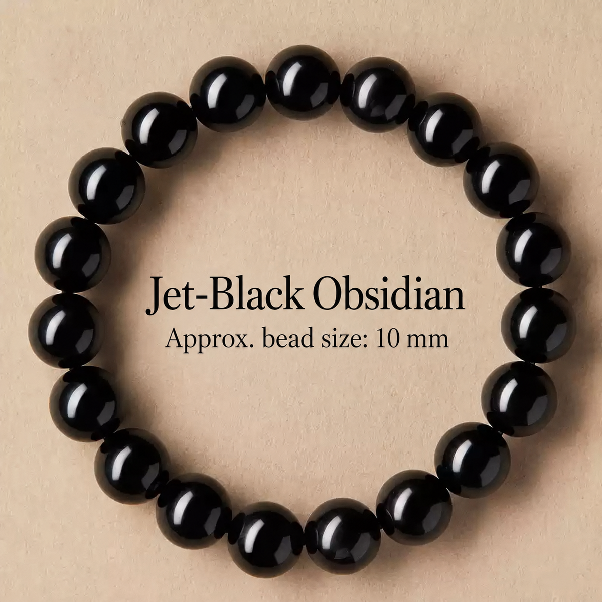 Jet-black obsidian bracelet with approximately 10 mm beads