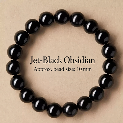 Jet-black obsidian bracelet with approximately 10 mm beads