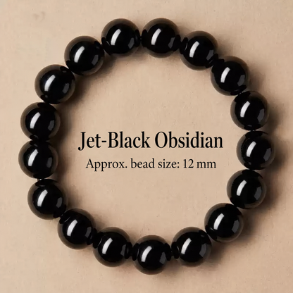 Jet-black obsidian bracelet with approximately 12 mm beads