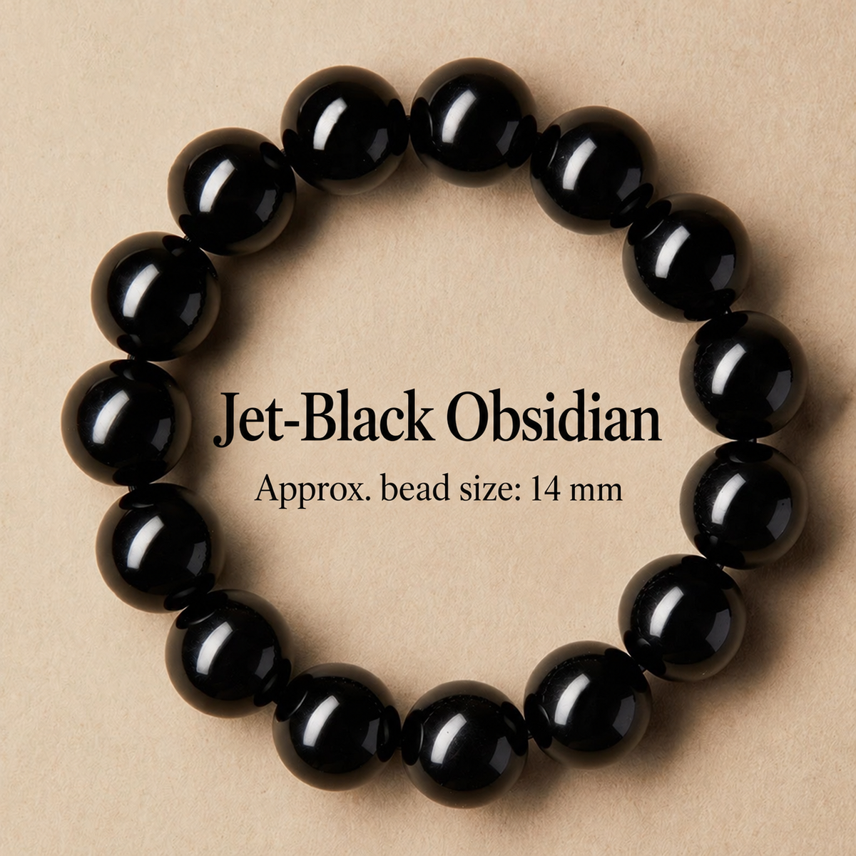 Jet-black obsidian bracelet with approximately 14 mm beads