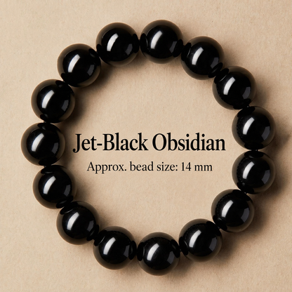 Jet-black obsidian bracelet with approximately 14 mm beads