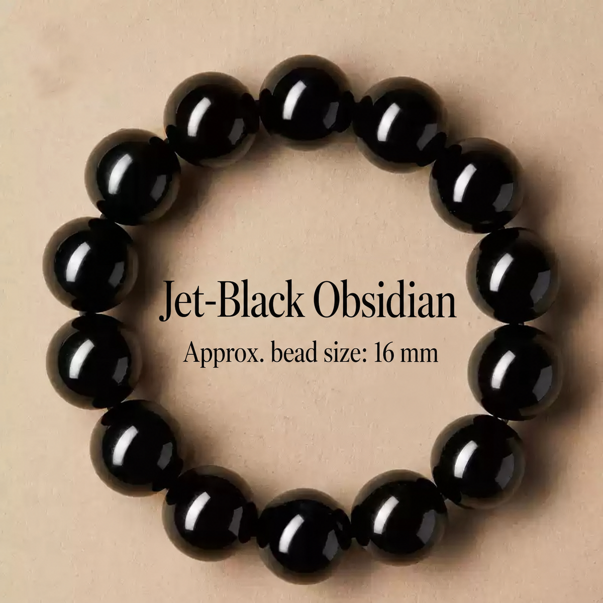 Jet-black obsidian bracelet with approximately 16 mm beads