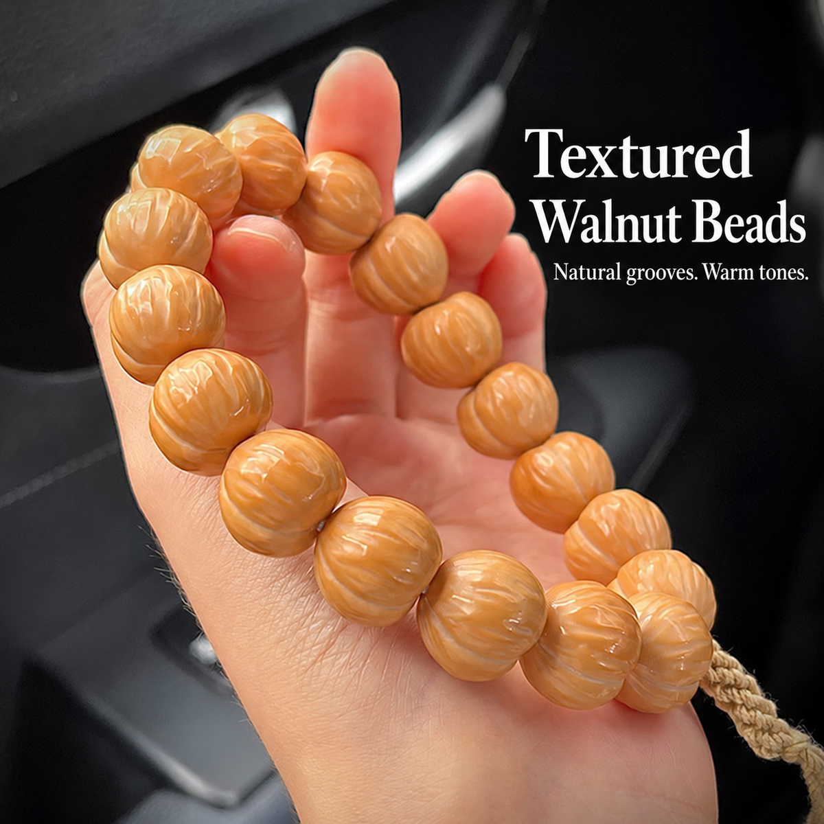 Textured walnut hand strand with tan cord