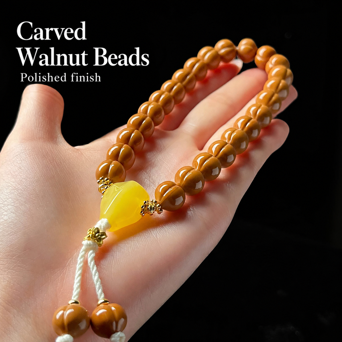 Walnut hand strand with yellow accent and walnut tips