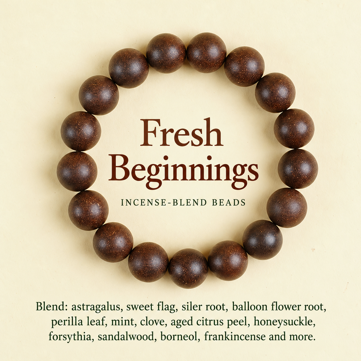 Fresh Beginnings incense-blend bracelet and ingredient list