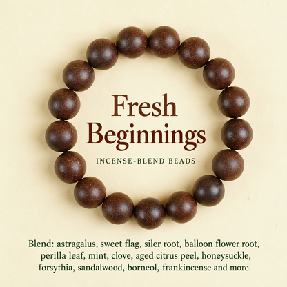 Fresh Beginnings incense-blend bracelet and ingredient list
