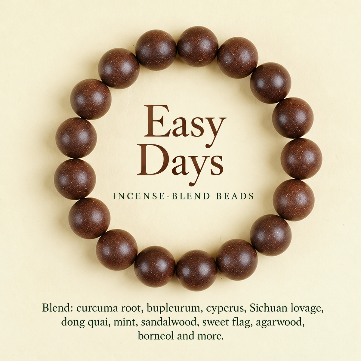 Easy Days incense-blend bracelet and ingredient list