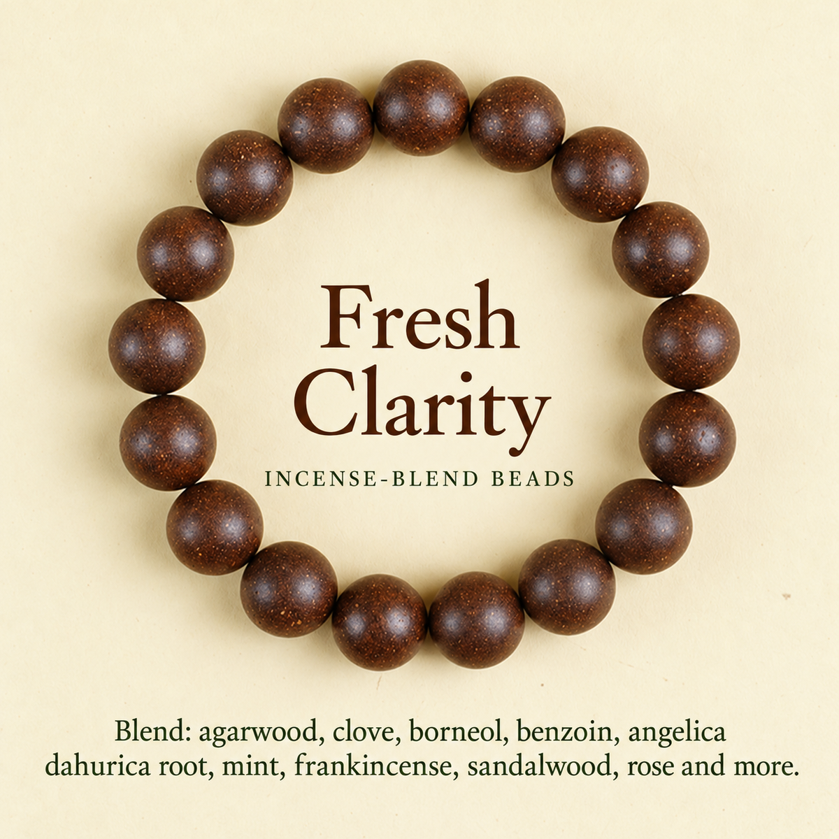 Fresh Clarity incense-blend bracelet and ingredient list