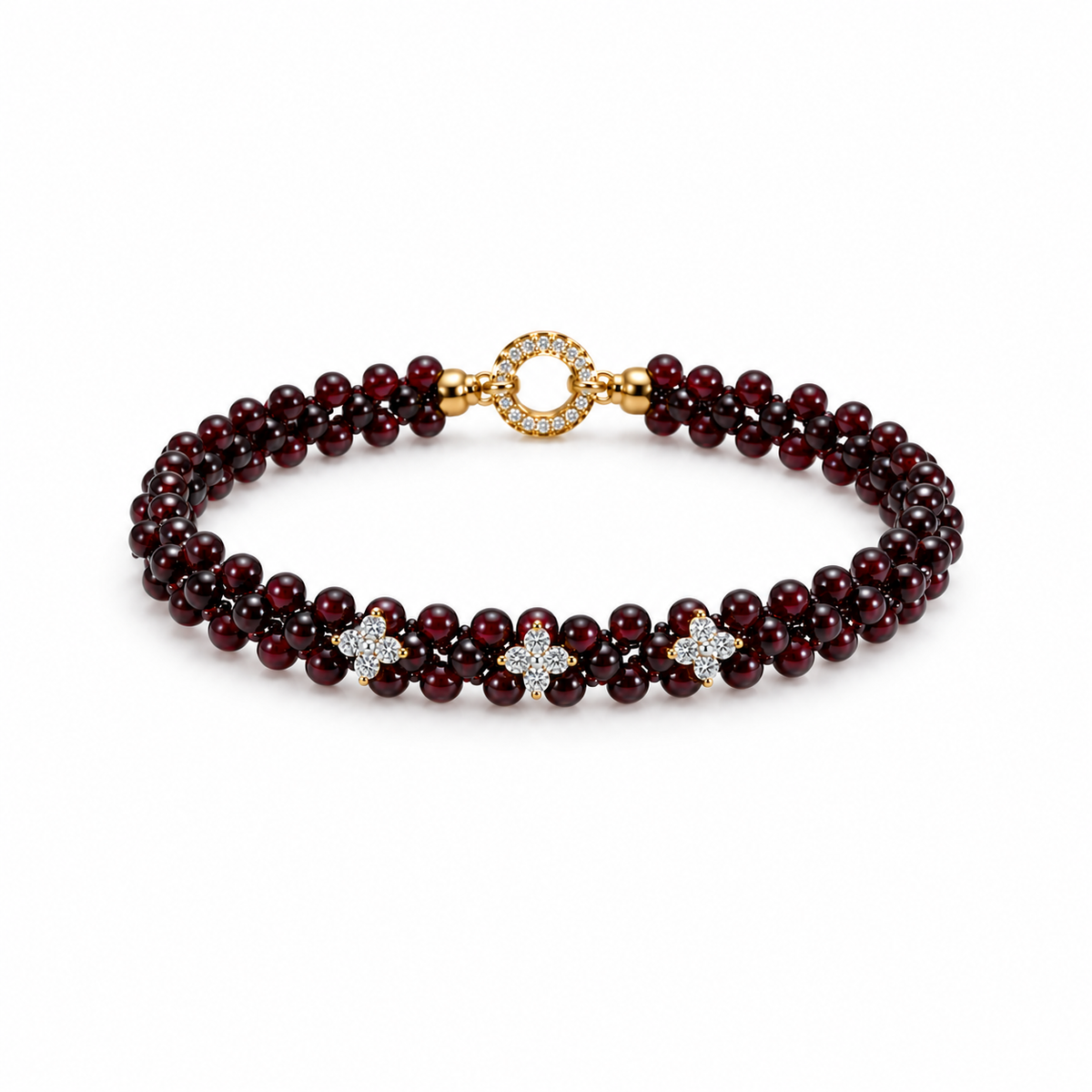 Woven burgundy garnet bracelet with three floral accents on white background