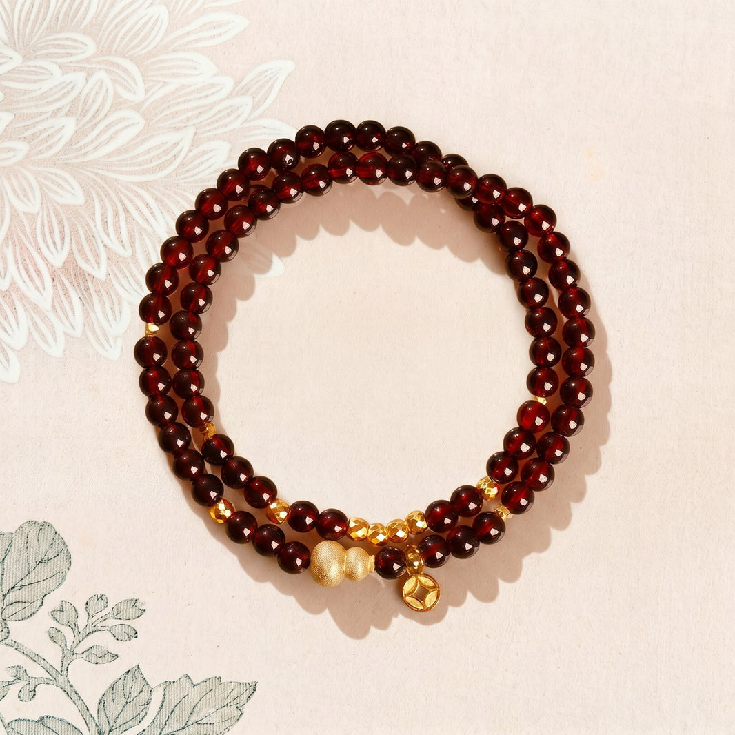 Garnet gourd and coin double-wrap bracelet, shared style reference for 14–17cm wrist sizes