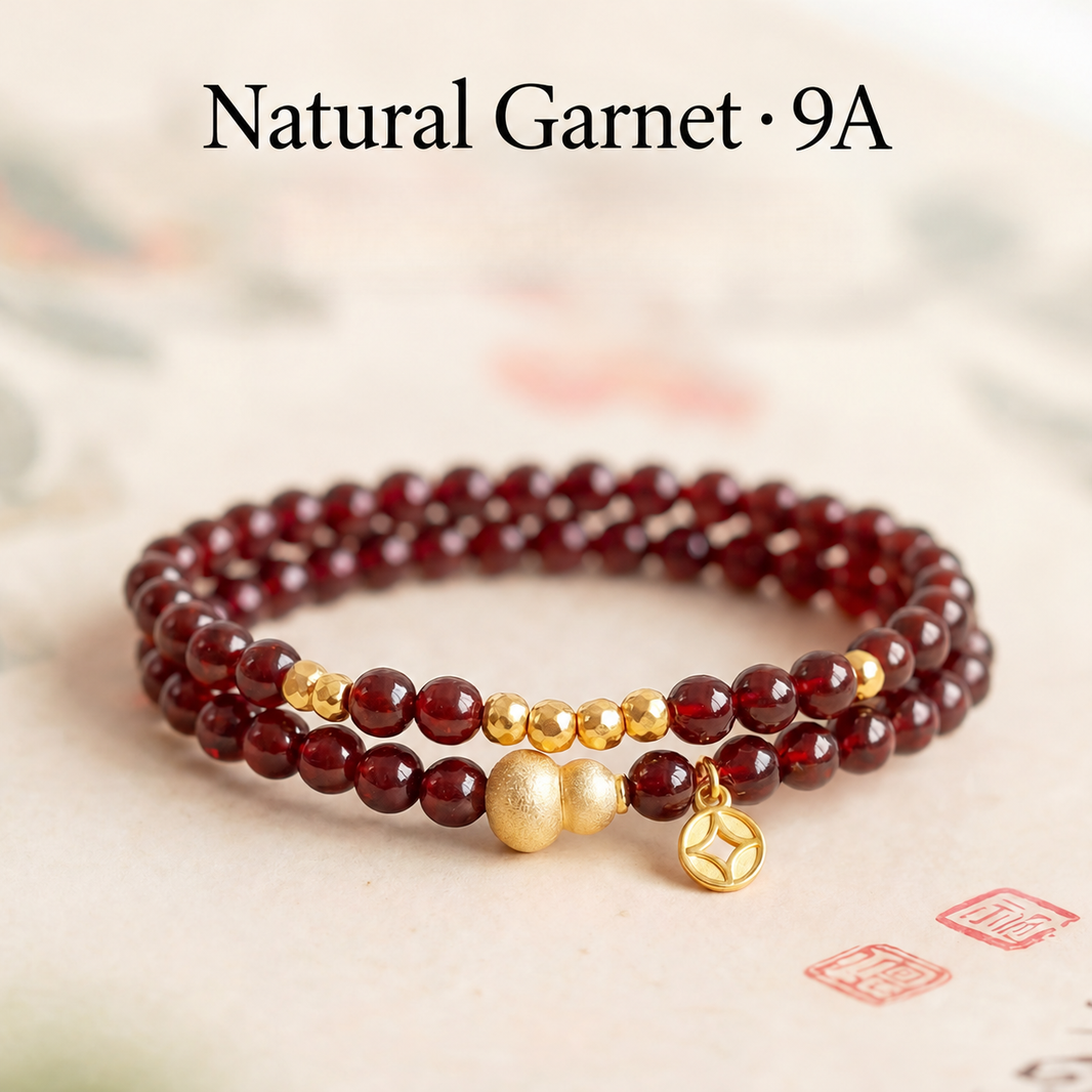 Natural garnet double-wrap bracelet with gourd accent and coin charm