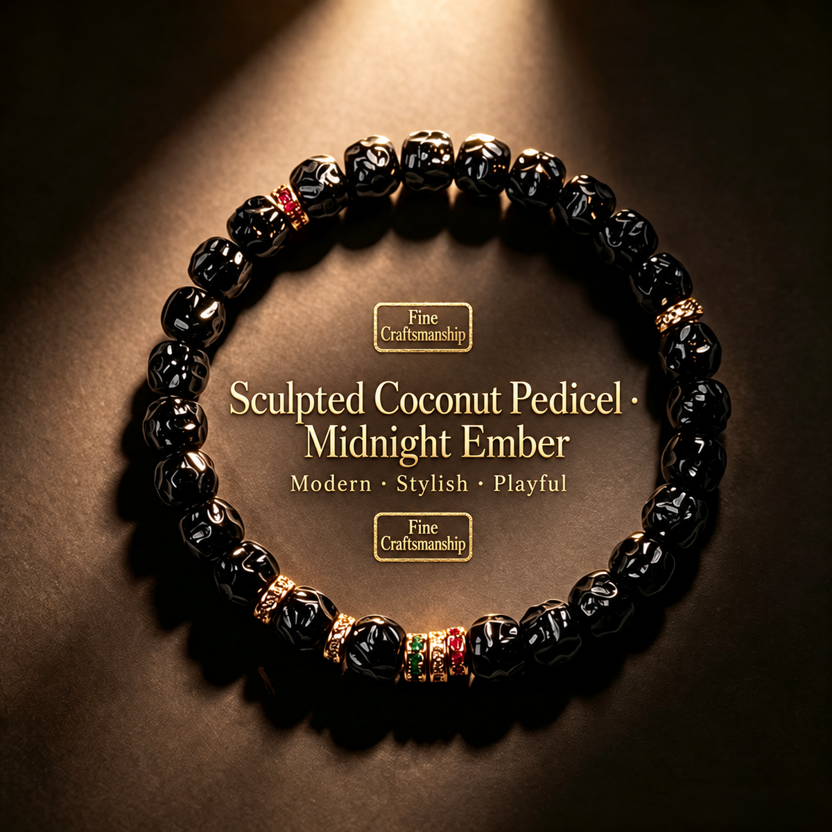 Midnight Ember sculpted coconut pedicel bracelet with English product text