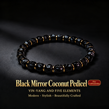 Black Mirror coconut pedicel bracelet with gold-tone spacers and English product text