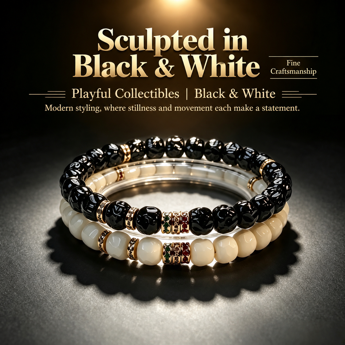 Black and white decorative bracelet styles shown together with English text