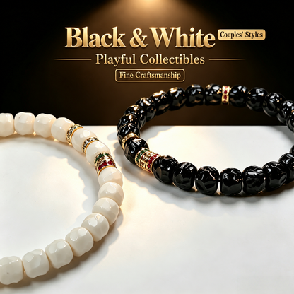 Close-up of complementary black and white bracelet designs