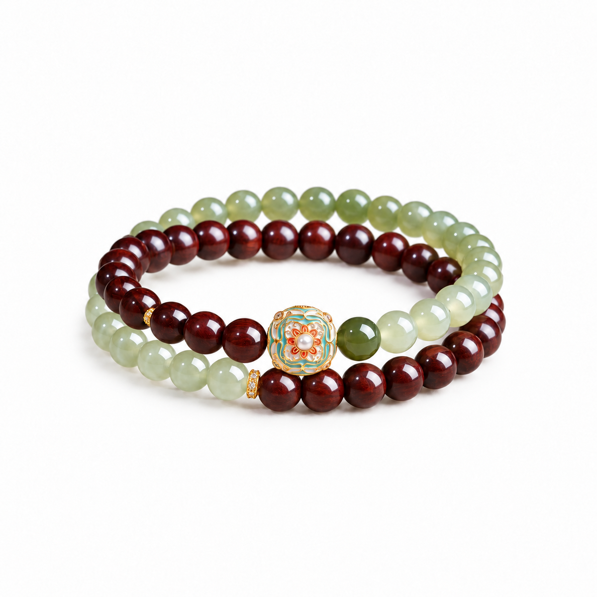 Red sandalwood and gradient Hetian jade double-wrap bracelet on white