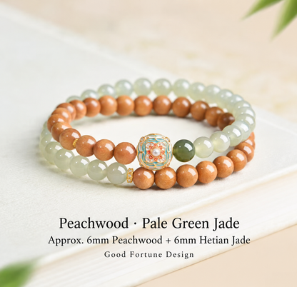 Peachwood and pale green Hetian jade bracelet, approx. 6mm