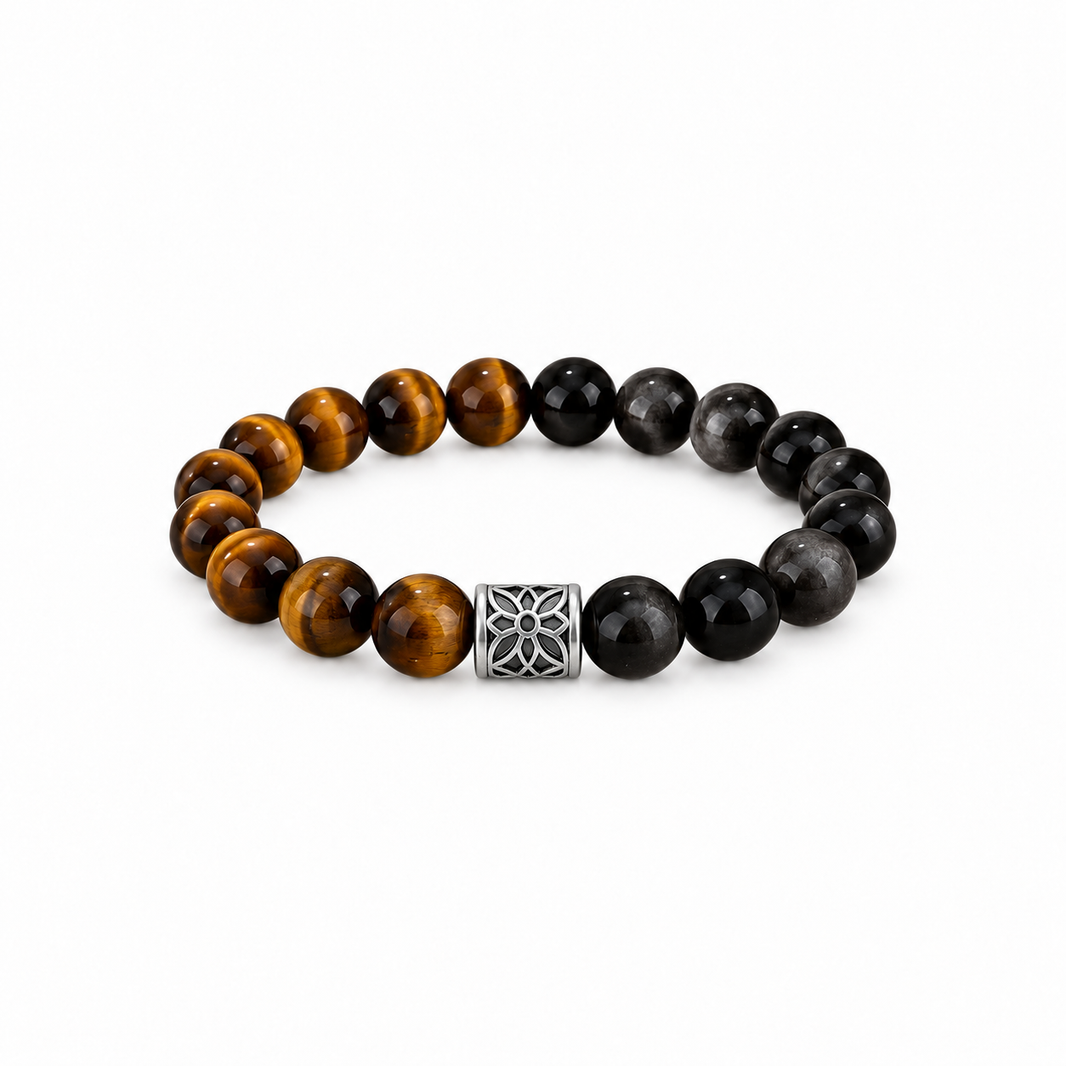 Tiger eye and obsidian bracelet with floral fine-silver barrel accent on white