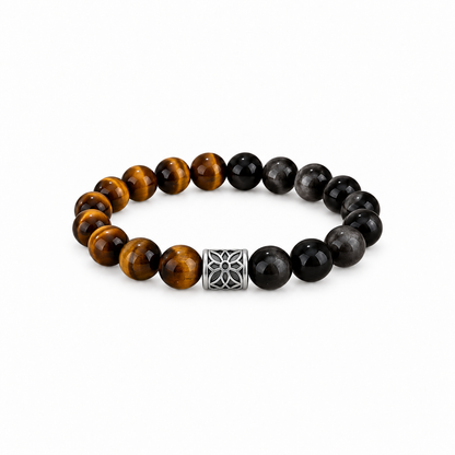 Tiger eye and obsidian bracelet with floral fine-silver barrel accent on white