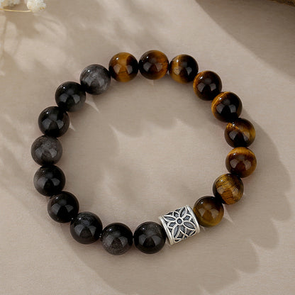 Original tiger eye and obsidian bracelet with patterned silver barrel