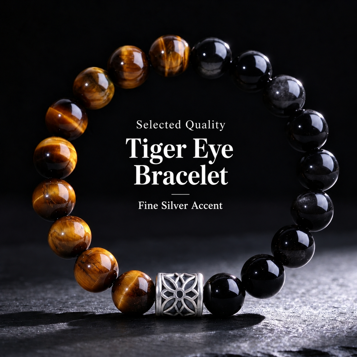 Tiger eye bracelet with fine-silver accent and English product text