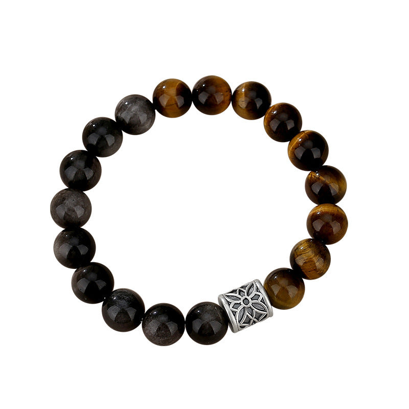 Complete tiger eye and obsidian bracelet design with fine-silver barrel on white