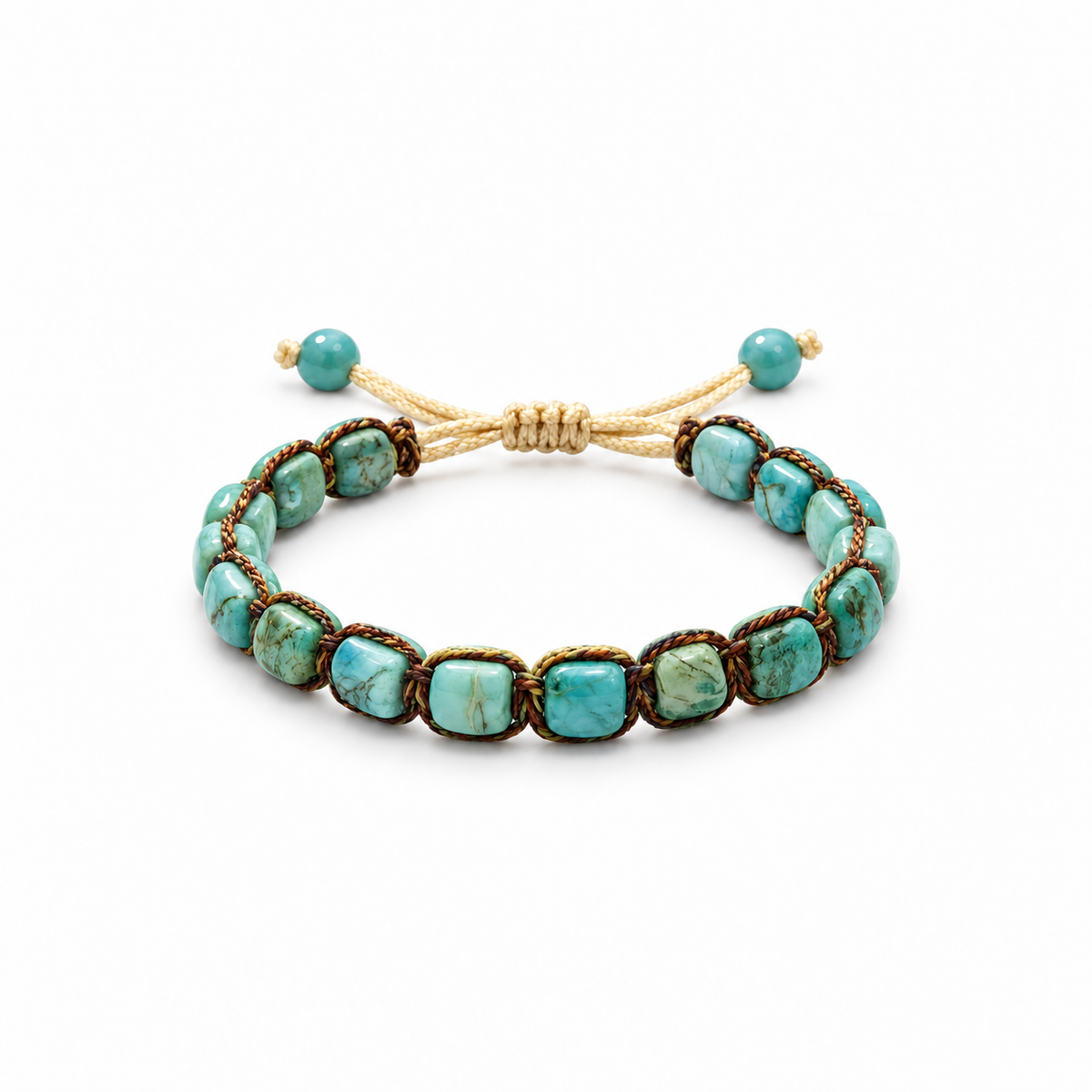 Aqua blue patterned stone bracelet with woven cord and adjustable sliding knot on white