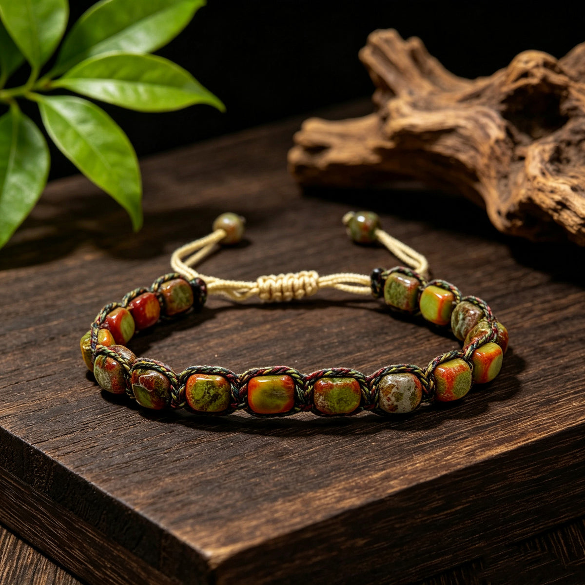 Yellow Green woven patterned stone bracelet