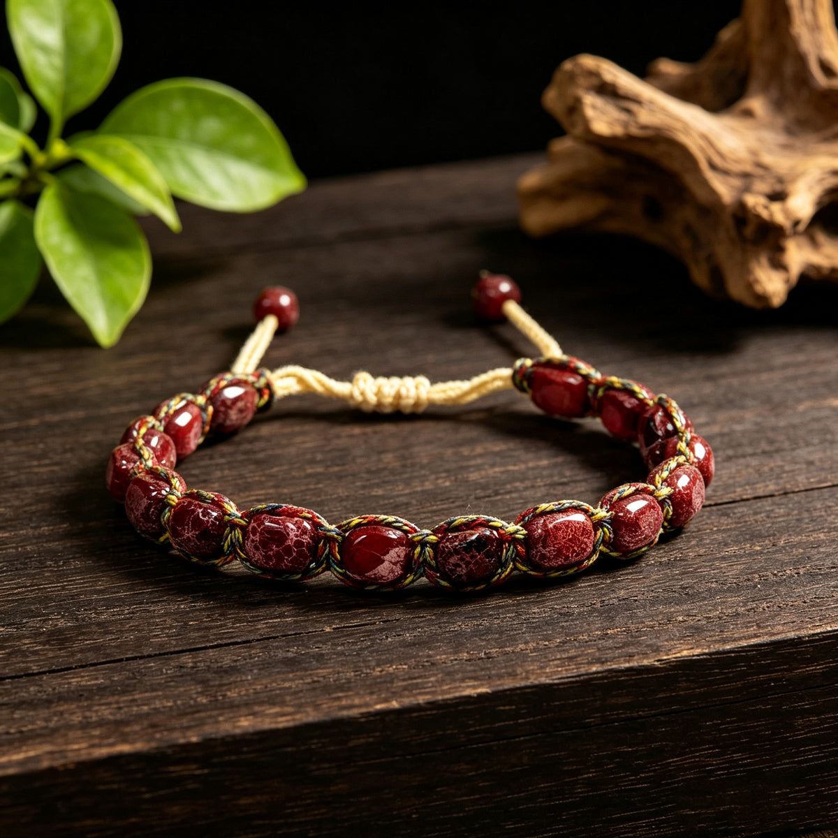 Burgundy woven patterned stone bracelet