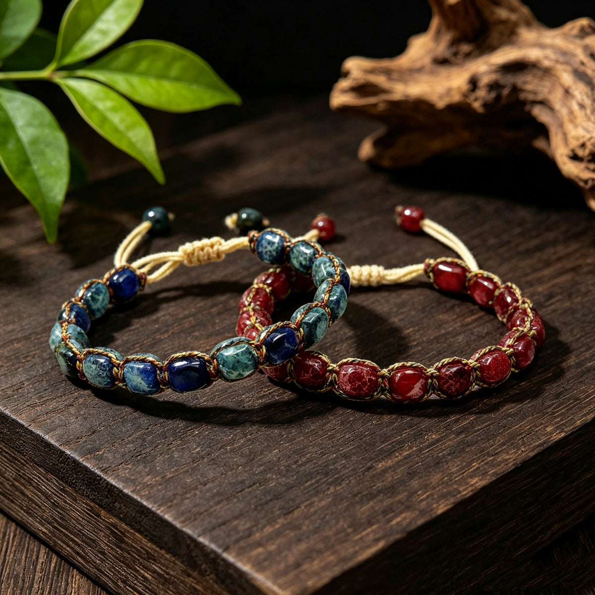 Blue and burgundy woven stone bracelets