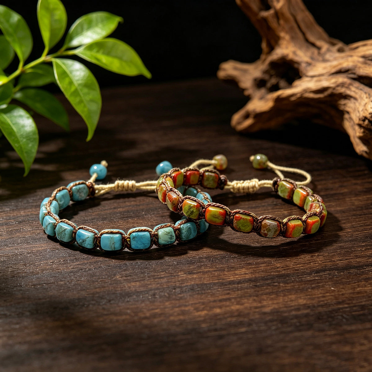 Aqua blue and yellow green woven stone bracelets