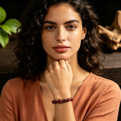 Burgundy woven stone bracelet worn on wrist