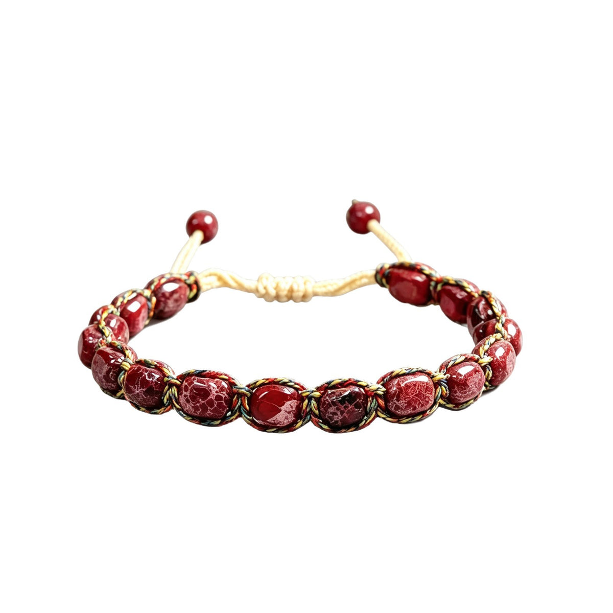 Burgundy woven stone bracelet with adjustable cord on white