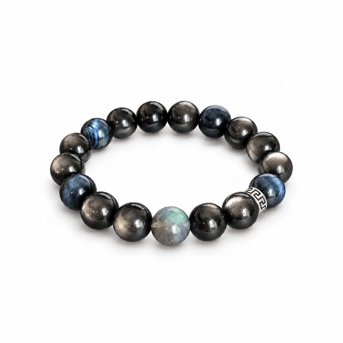 Blue tiger eye and silver sheen obsidian bracelet with gray moonstone accent and Greek-key spacer on white