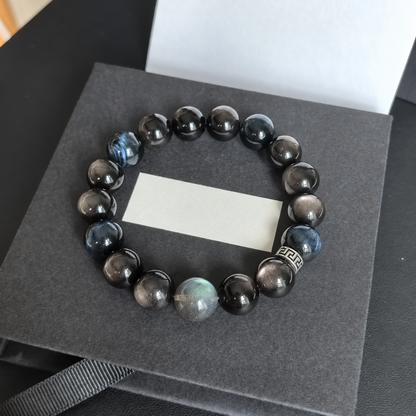 Mixed blue tiger eye and silver sheen obsidian bracelet with gray moonstone accent
