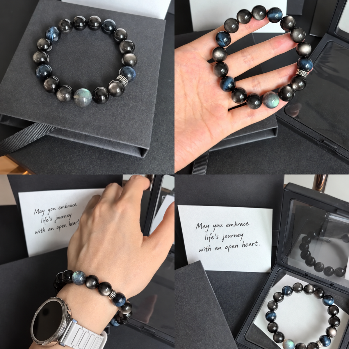 Four views of the 12 mm blue tiger eye and silver sheen obsidian bracelet