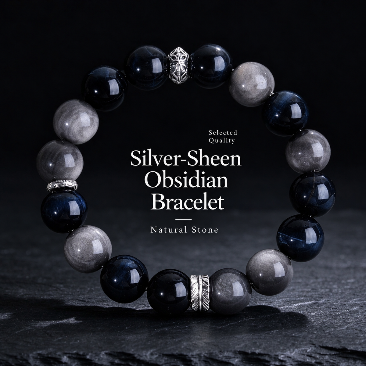 Silver-sheen obsidian bracelet with English natural stone description