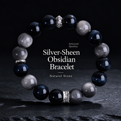 Silver-sheen obsidian bracelet with English natural stone description