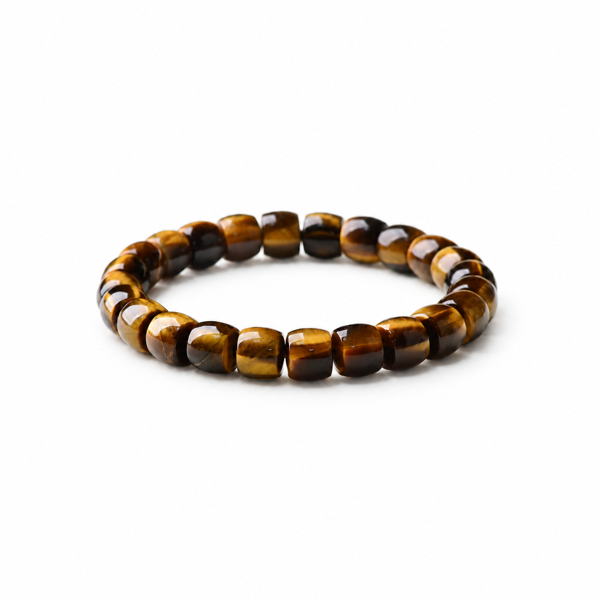 Golden tiger eye barrel-bead bracelet on a white background