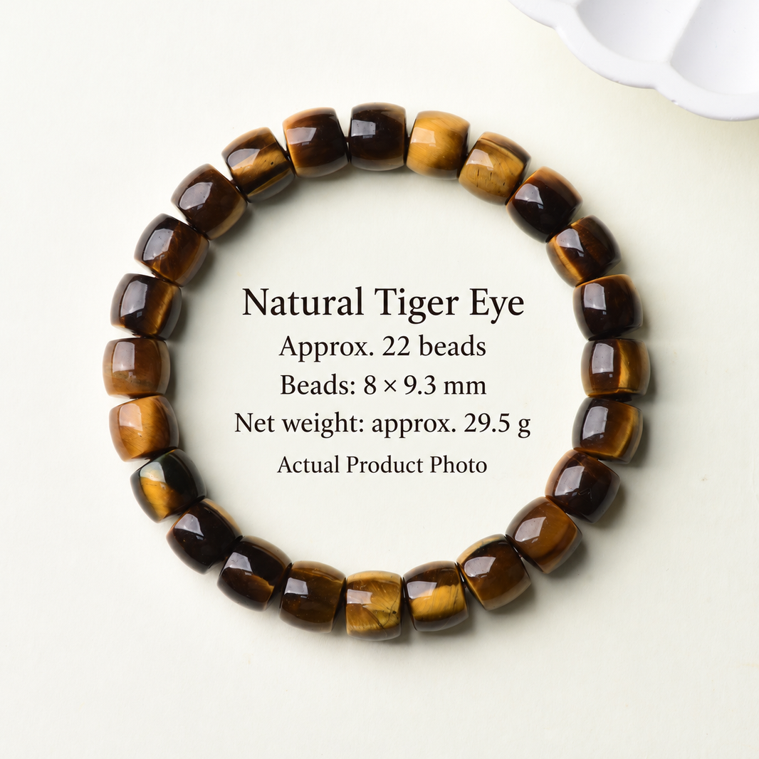 Large tiger eye barrel beads, approximately 8 by 9.3 mm, with specifications