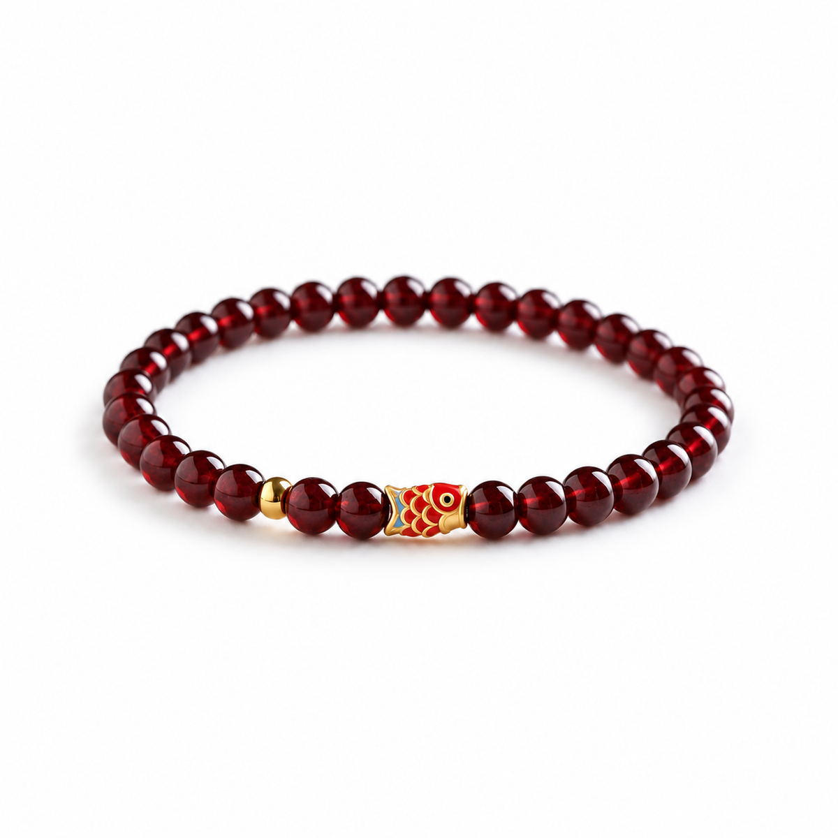 Single-wrap 4 mm garnet koi fish bracelet on white background