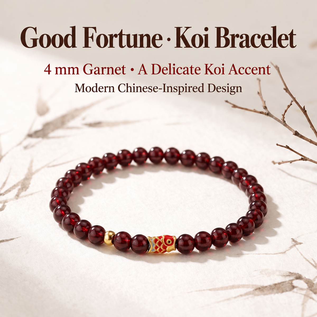 Garnet koi bracelet with English design details