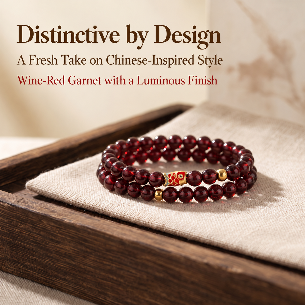 Double-wrap garnet koi bracelet on a linen-lined tray