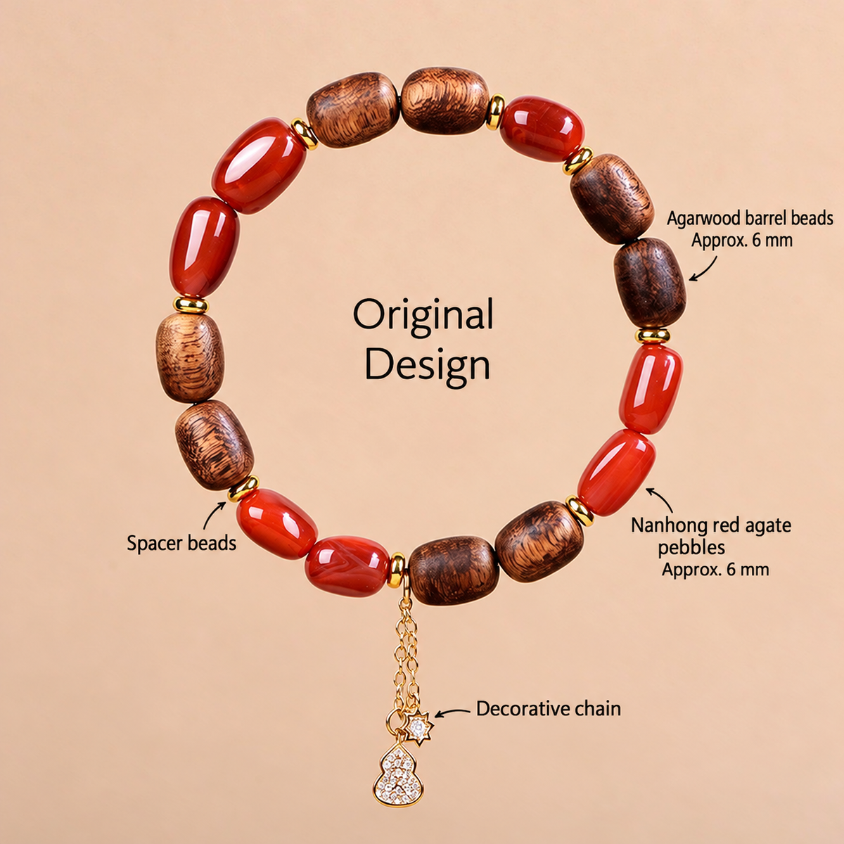 Agarwood and Nanhong red agate bead size guide with decorative chain details
